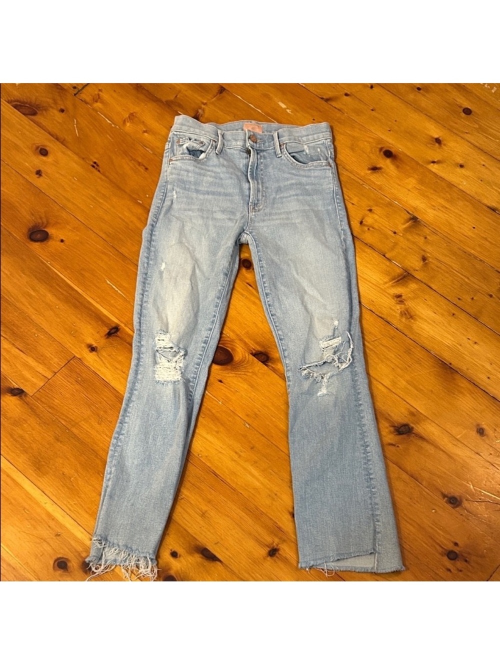 MOTHER Light Blue Distressed Straight-Leg Jeans